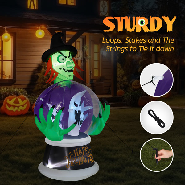 5.9ft Witch Crystal Ball With 3 LED Lights And 3 RGB Lights, Halloween Inflatable Decoration