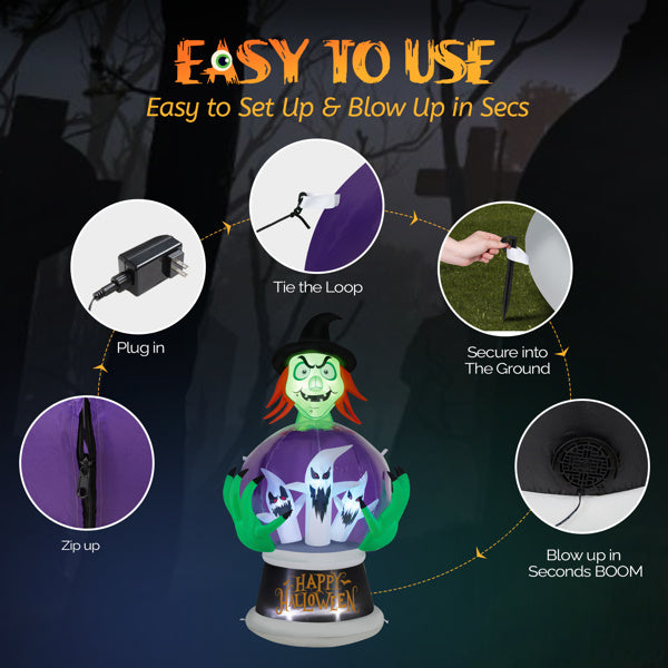 5.9ft Witch Crystal Ball With 3 LED Lights And 3 RGB Lights, Halloween Inflatable Decoration