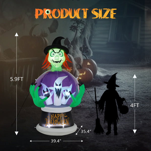 5.9ft Witch Crystal Ball With 3 LED Lights And 3 RGB Lights, Halloween Inflatable Decoration