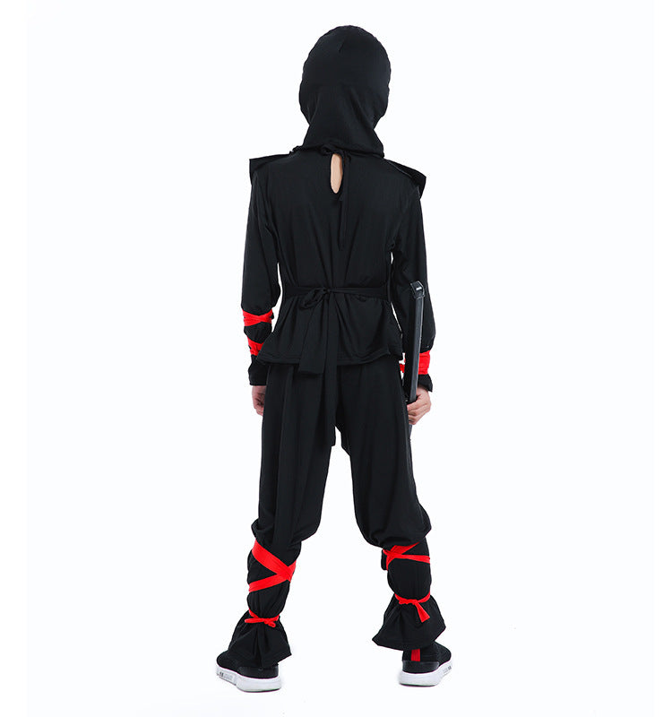 Black outfit with red accents on a white background