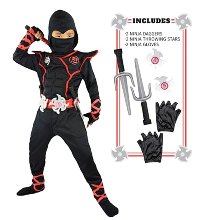 Ninja costume with accessories on a white background