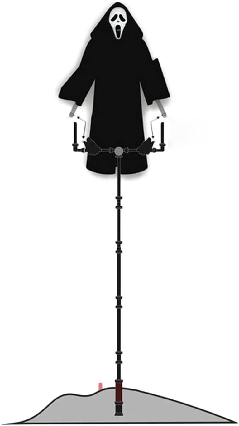 Silhouette of a character in a black robe with a hood on a stand against a white background