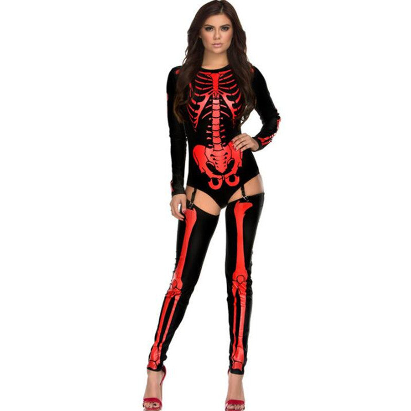 Woman wearing a black and red skeleton-themed outfit on a white background