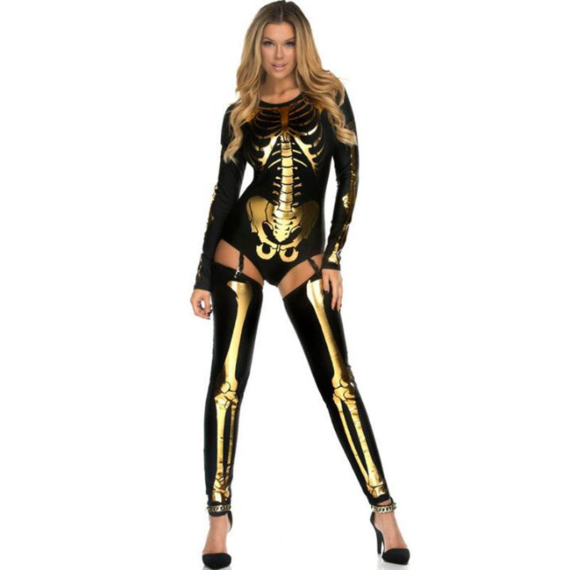 Woman wearing a black and gold skeleton costume on a white background