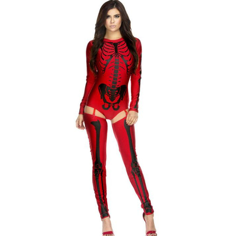 Red and black skeleton-themed outfit on a white background