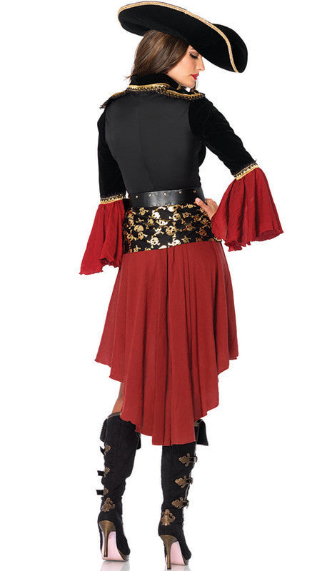 Person wearing a black and red outfit with gold accents on a white background