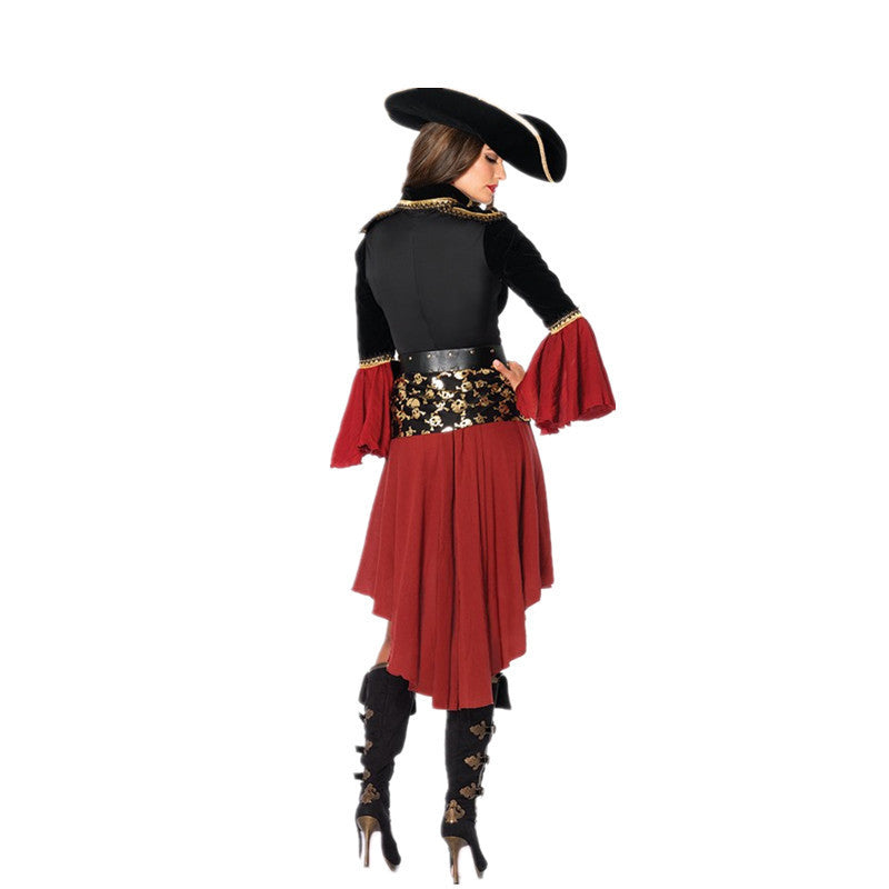 Person wearing a black and red costume with a wide-brimmed hat on a white background
