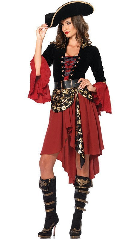 Woman in a pirate costume with a red and black dress, hat, and boots on a white background