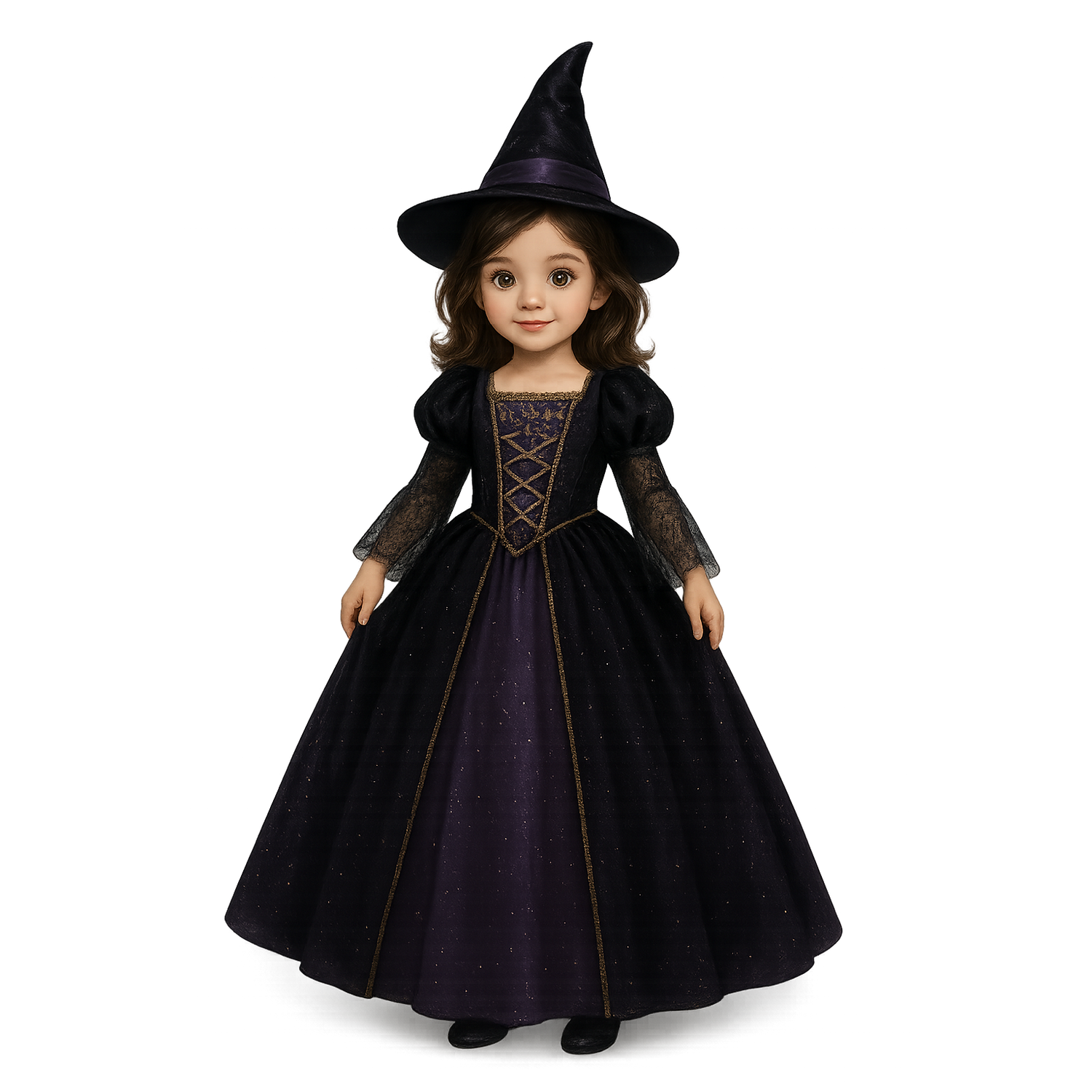 A 5-year-old girl in a premium Halloween princess costume with elegant details, wearing a dark colored dress designed for kids’ Halloween parties. Square image on a transparent background.