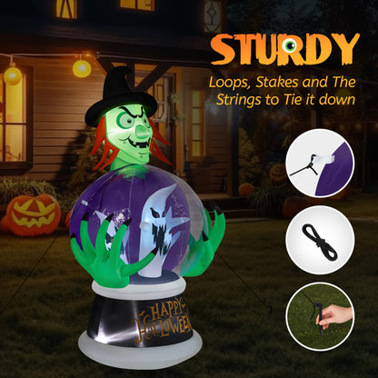 5.9ft Witch Crystal Ball With 3 LED Lights And 3 RGB Lights, Halloween Inflatable Decoration