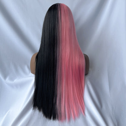 Perruque longue bouclée brun rougeâtre avec frange | Fibre synthétique bicolore résistante à la chaleur pour Halloween et Cosplay