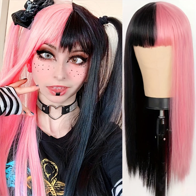 Perruque longue bouclée brun rougeâtre avec frange | Fibre synthétique bicolore résistante à la chaleur pour Halloween et Cosplay