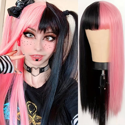 Perruque longue bouclée brun rougeâtre avec frange | Fibre synthétique bicolore résistante à la chaleur pour Halloween et Cosplay