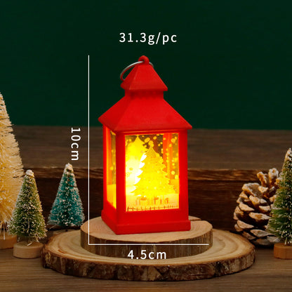 Red lantern with a glowing interior on a wooden base, surrounded by decorative trees and pine cones, with measurements and weight displayed.