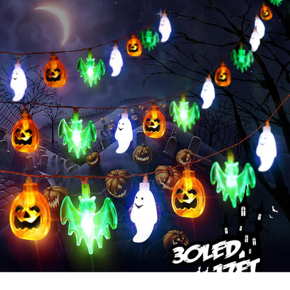 Lámpara de cadena de luces LED con forma de calabaza, araña, murciélago y calavera para Halloween, ideal para decoración de exteriores, fiestas y jardines.