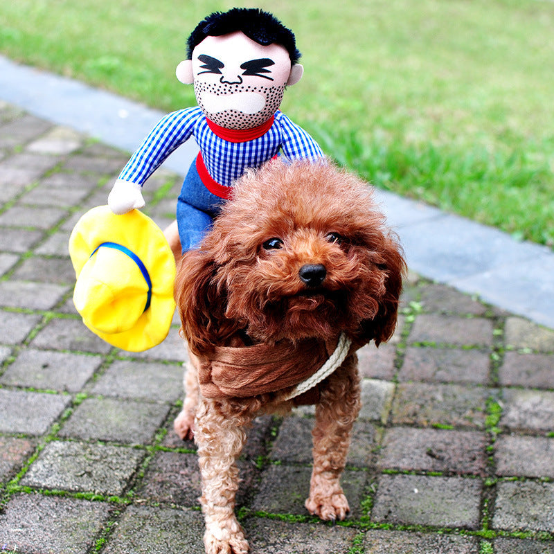 Dog wearing a costume with a cartoon character on a brick path.