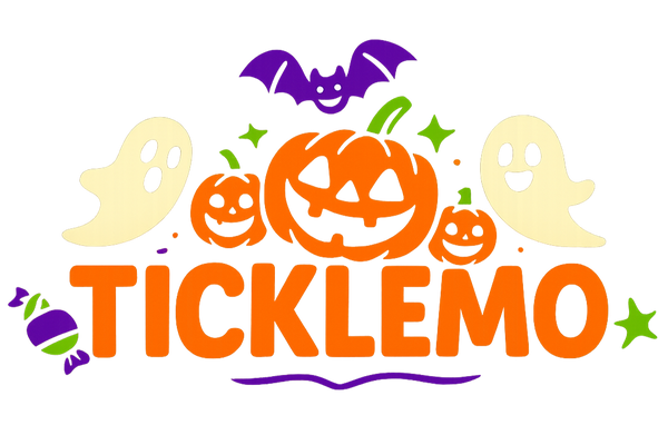 Halloween-themed logo with pumpkins, ghosts, and a bat on a white background.
