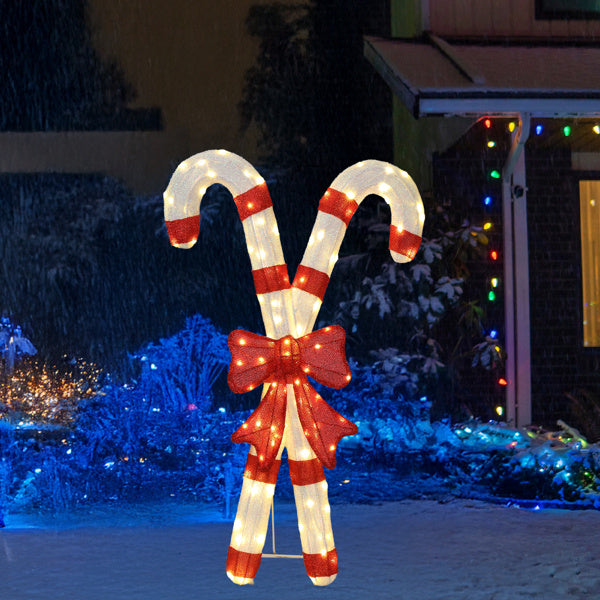 Lighted Candy Cane And Red Bowknot Christmas Decorations, Pre-lit 2D Holiday Decor With 100 Warm White LED Lights For Xmas Outdoor Indoor Decor Lighted Holiday Displays