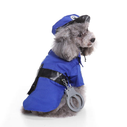 Dog wearing a blue police costume with a helmet and handcuffs on a white background