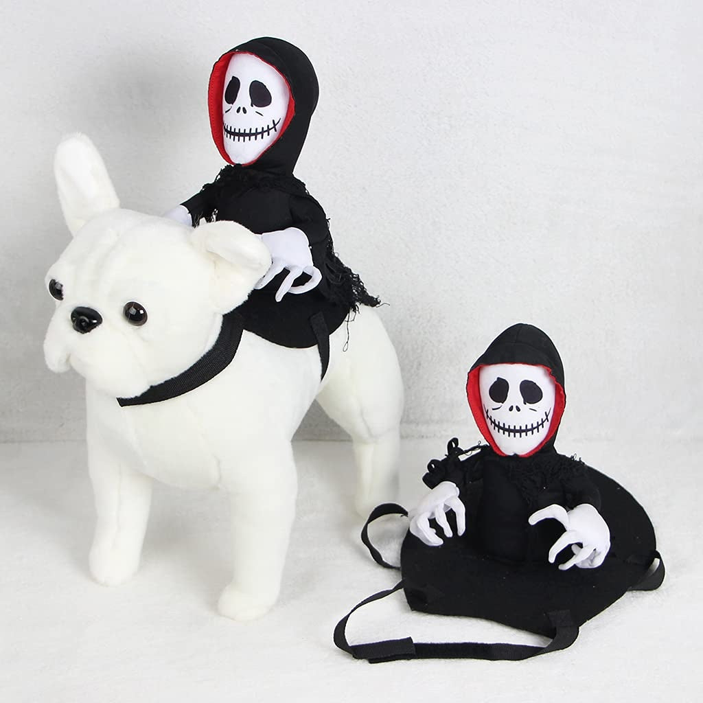 White plush dog toy with a black hooded ghost costume on a white background