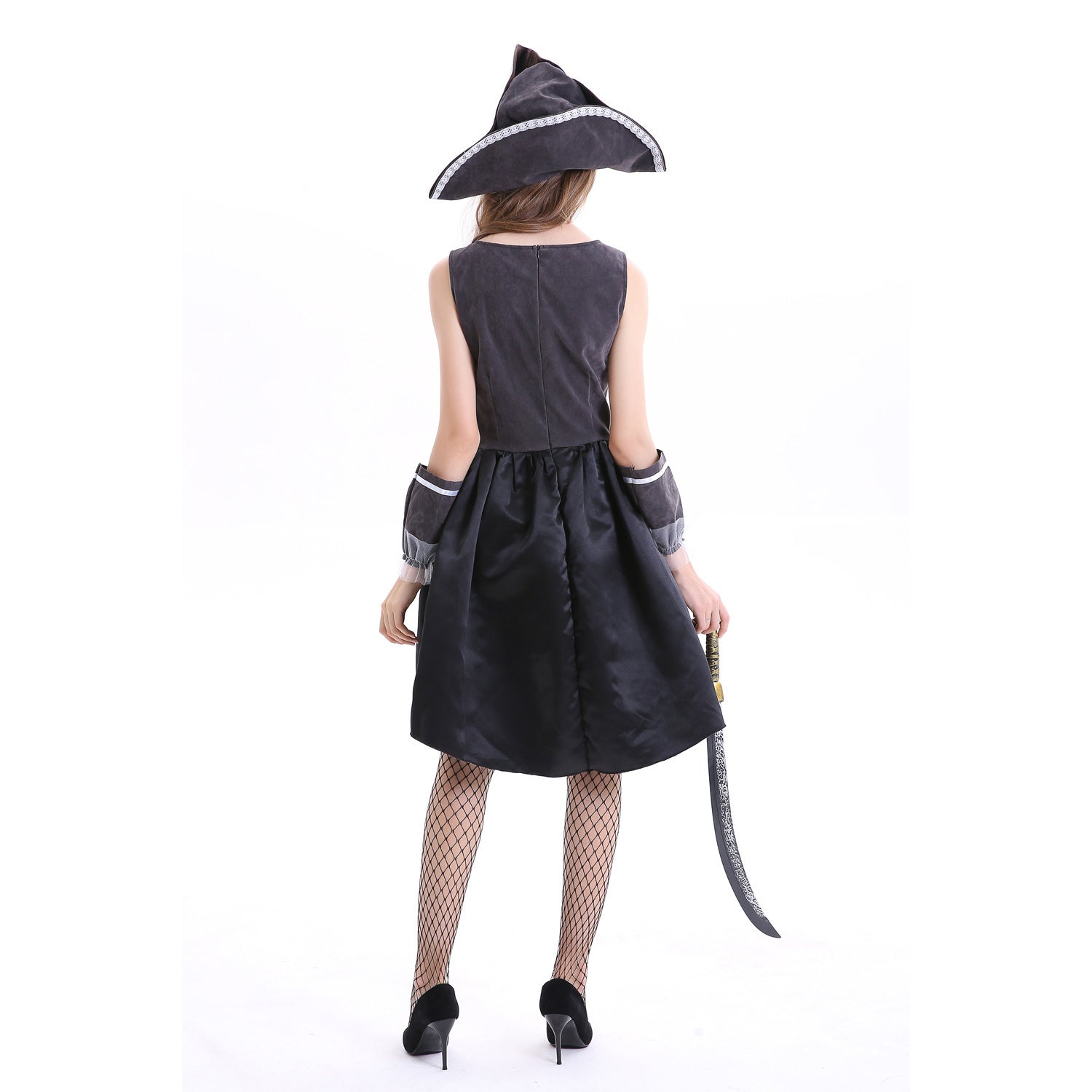 Adult female pirate Halloween costume cosplay with dress, belt, and head scarf