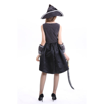 Adult female pirate Halloween costume cosplay with dress, belt, and head scarf