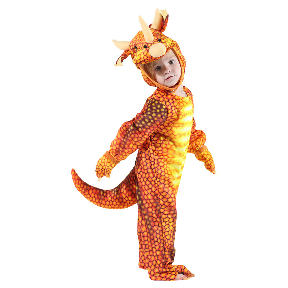 Child wearing a dinosaur costume on a white background