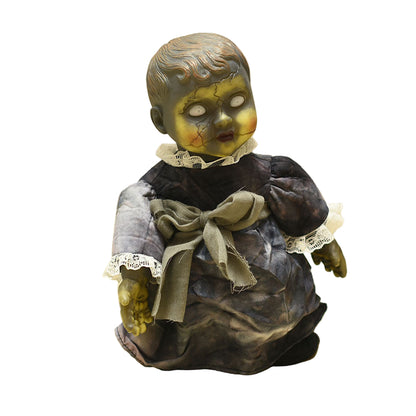 Animated haunted doll with glowing eyes, black hair, and blue dress for Halloween prop