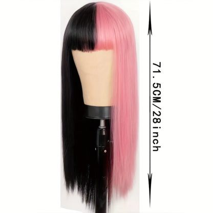 Perruque longue bouclée brun rougeâtre avec frange | Fibre synthétique bicolore résistante à la chaleur pour Halloween et Cosplay
