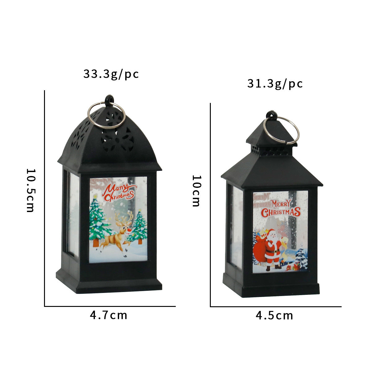 Two black Christmas lanterns with Santa Claus and reindeer designs, showing weight and dimensions.