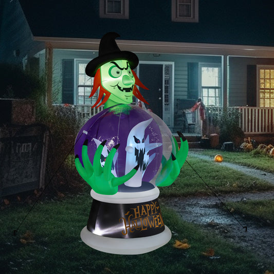 5.9ft Witch Crystal Ball With 3 LED Lights And 3 RGB Lights, Halloween Inflatable Decoration