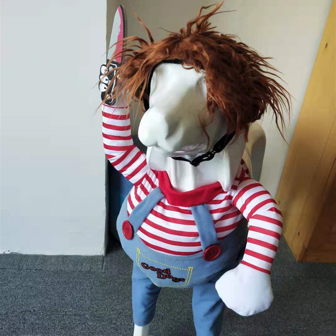 Adjustable pet cosplay costume with wig and knife accessory