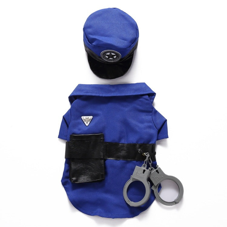 Blue police costume with hat, shirt, belt, and handcuffs on a white background