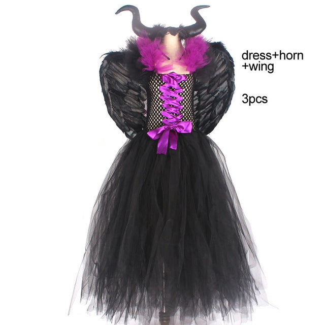 Black dress with purple accents, horns, and wings on a white background