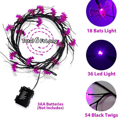 Halloween string lights with purple bats and black twigs, featuring product details on a white background.