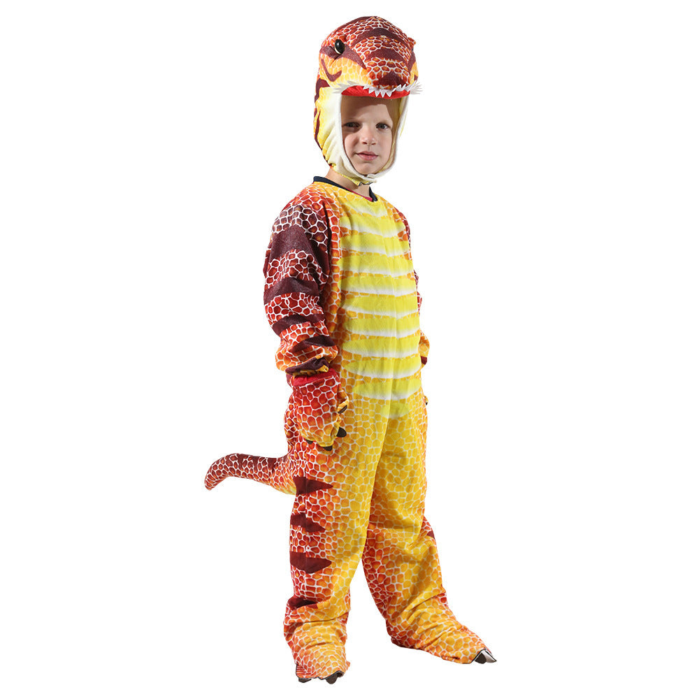 Child wearing a dinosaur costume on a white background