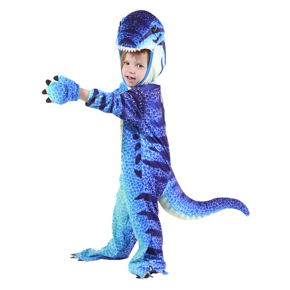 Child wearing a blue dinosaur costume on a white background