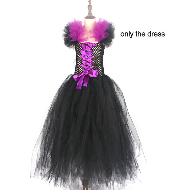 Black tutu dress with purple accents on a white background