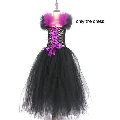 Black tutu dress with purple accents on a white background