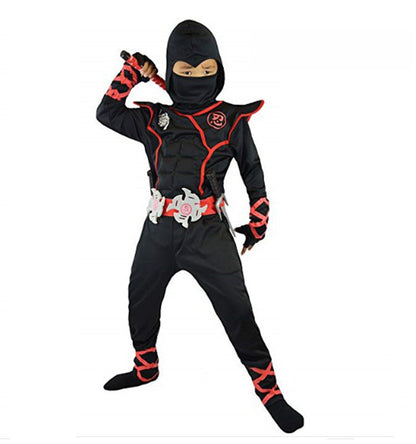 Black and red ninja costume with a white background