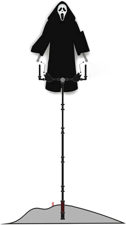Silhouette of a character in a black robe with a hood on a stand against a white background