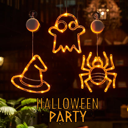 Halloween-themed string lights shaped like a ghost, witch hat, and spider with 'HALLOWEEN PARTY' text.