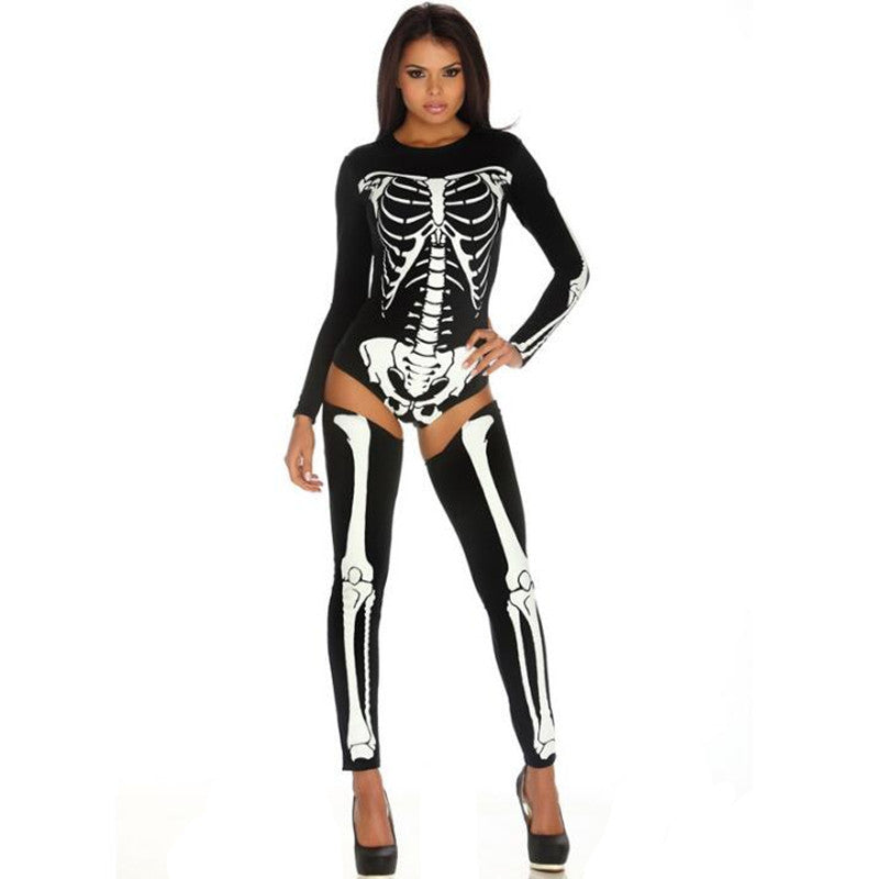 Woman wearing a black skeleton costume on a white background
