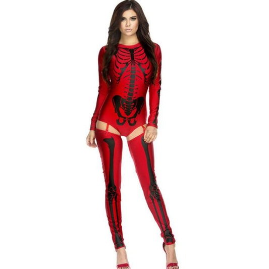 Red and black skeleton-themed outfit on a white background
