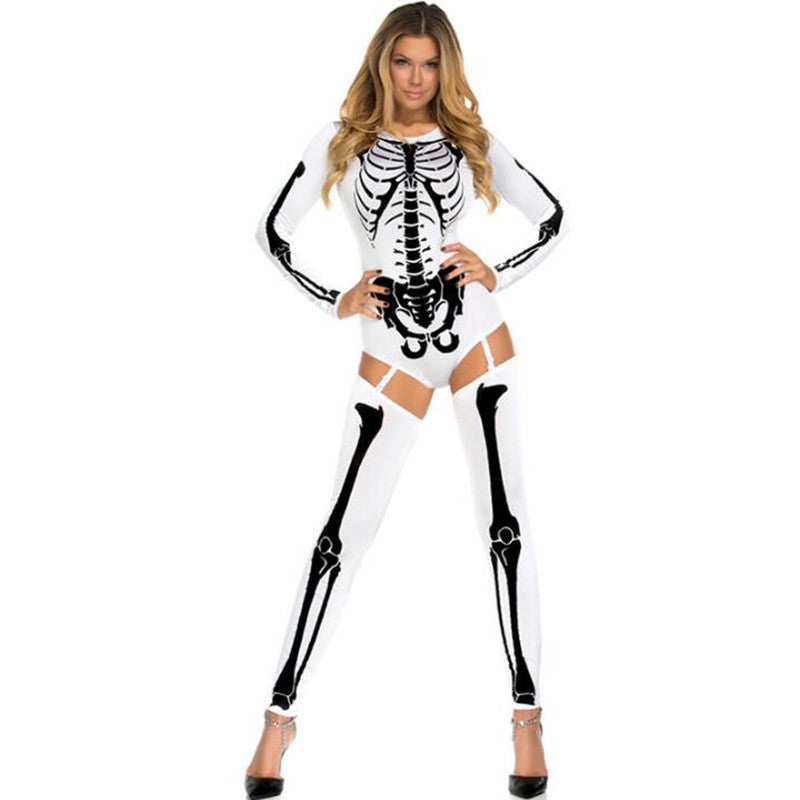 Woman wearing a skeleton-themed outfit on a white background