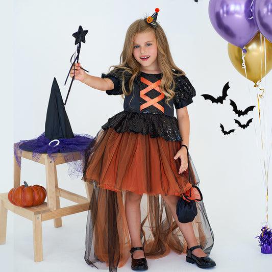 Halloween Girls' Witch Costume Orange Party Dress for Kids