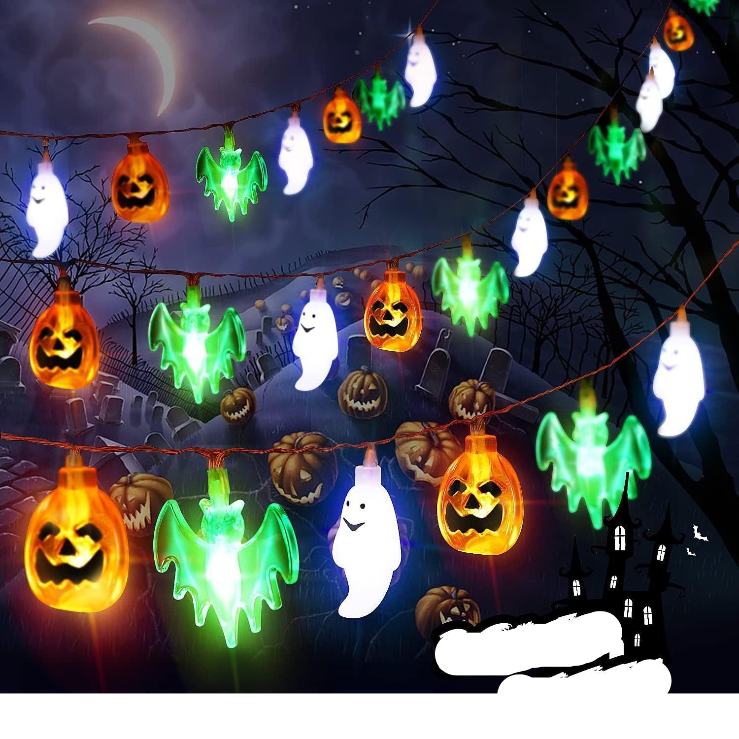 Halloween-themed string lights with pumpkins, ghosts, and bats against a dark sky.