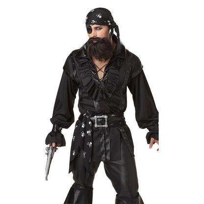 Adult male pirate Halloween costume cosplay with head scarf and belt