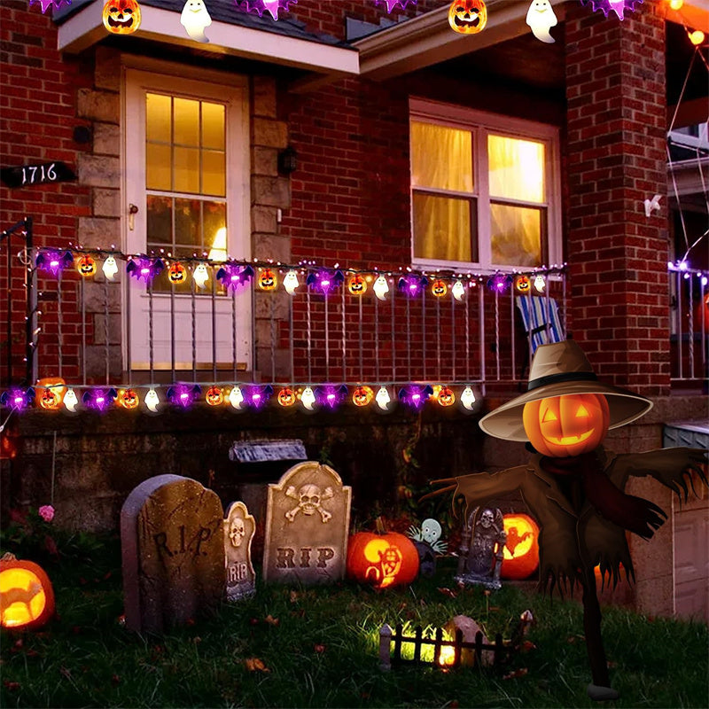 LED Halloween string lights with pumpkins, bats, spiders, and skull lanterns