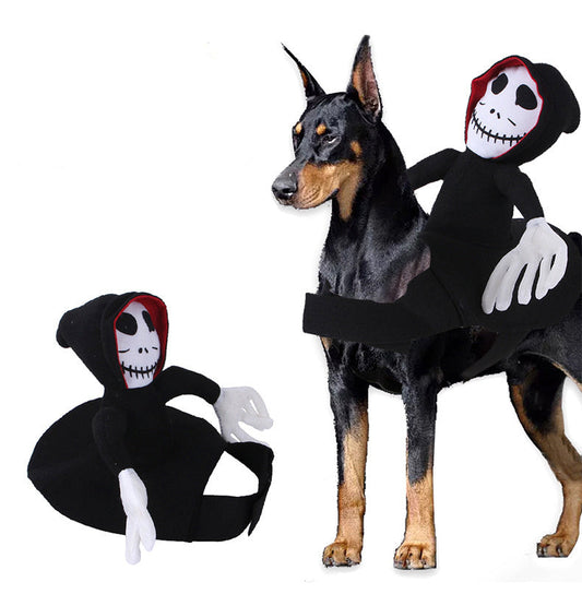 Dog wearing a Halloween skeleton costume with a small skeleton figure, and 'Happy Halloween' text in the corner.